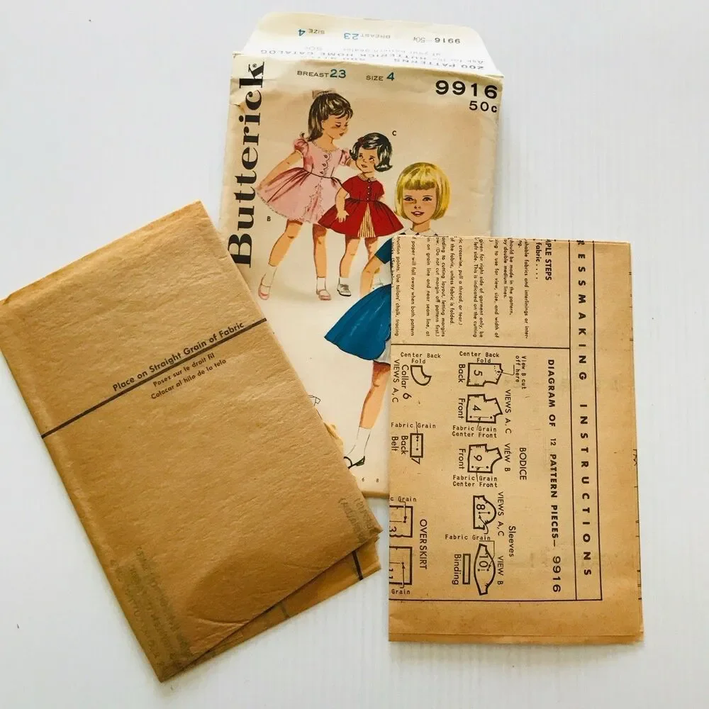 Vintage 1960's Butterick Sewing Pattern 9916 Girls Dress Scalloped Front Sz 4